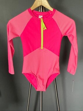 Cat & Jack Girls' Neon Pink Long Sleeve Zip One-Piece Swimsuit